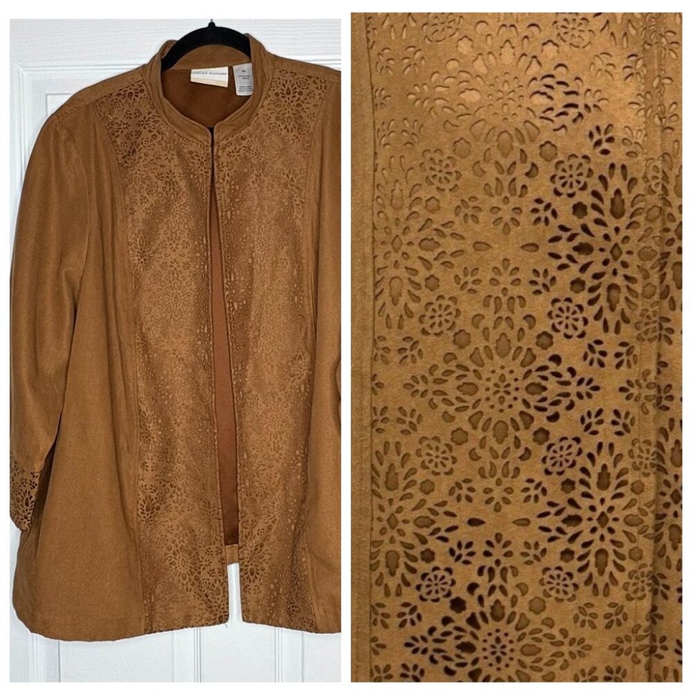 Plus Size Camel Faux Suede Perforated Open Front Jacket Coat Sz 18W